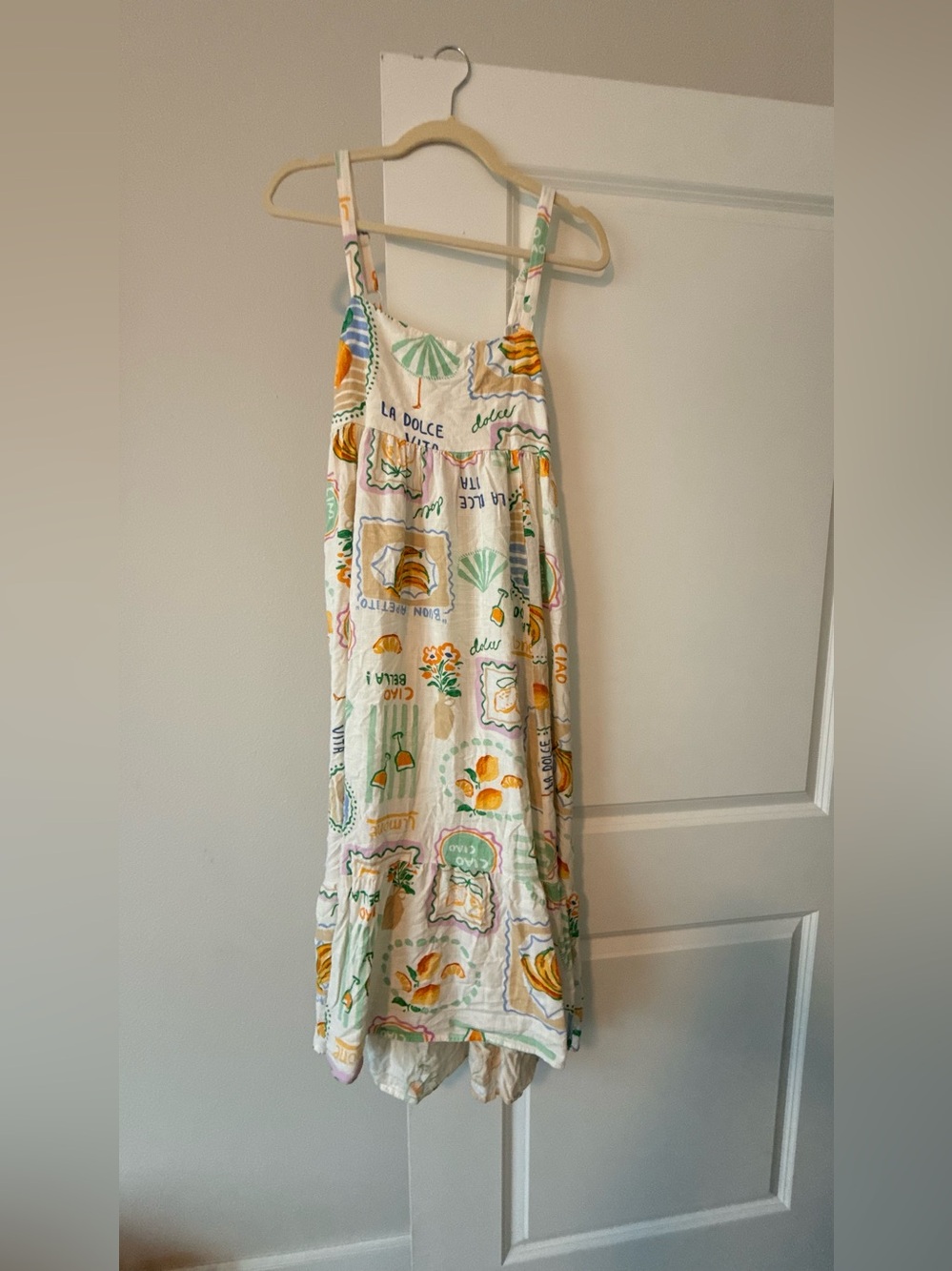 White Printed Maxi Dress with Pastel Citrus & Shell Motif - Picture 3 of 9